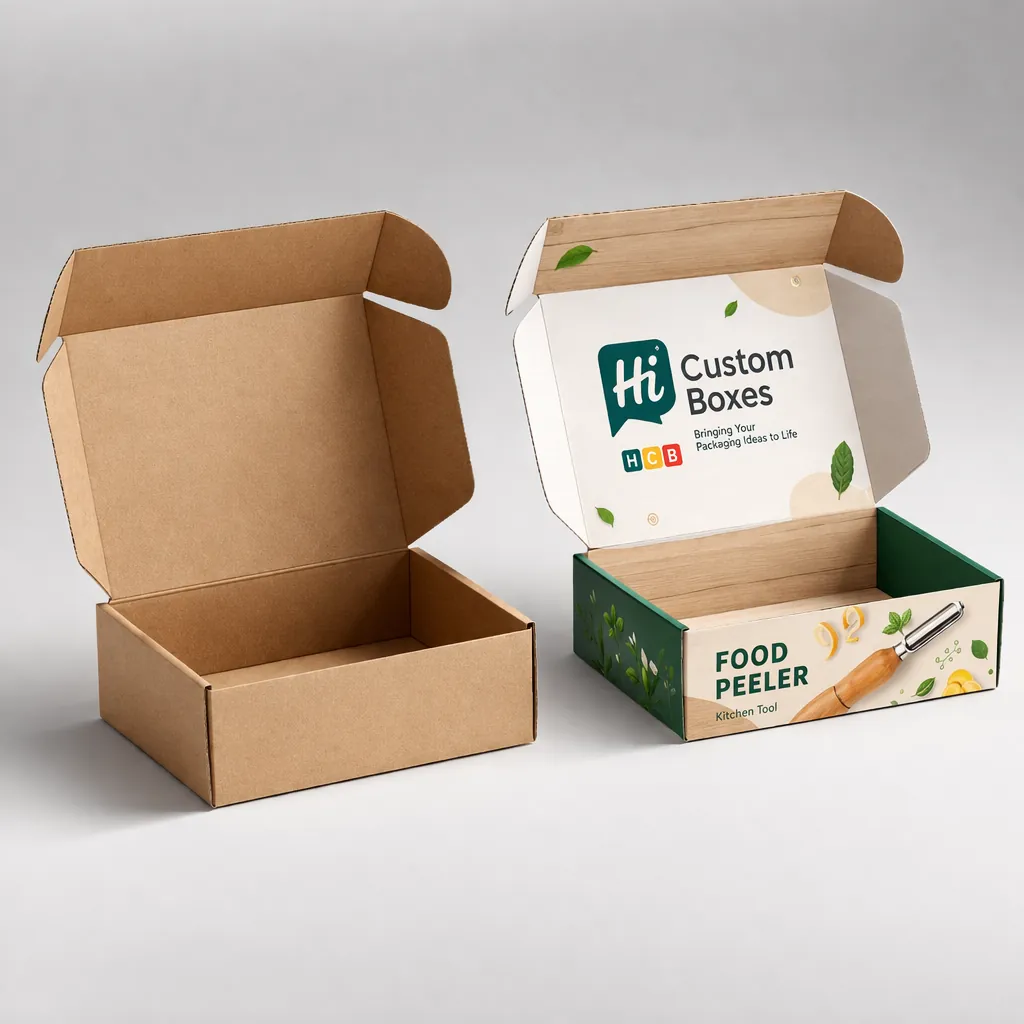 A brown corrugated mailer box shown alongside a branded version featuring a food peeler illustration. class=